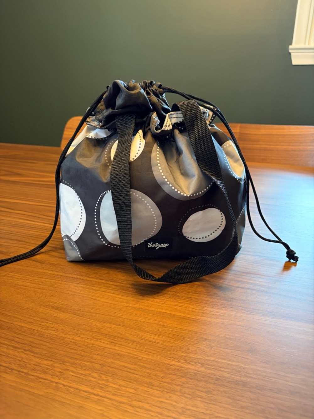 thirty-one Black and Gray Polka Dot Drawstring Bag